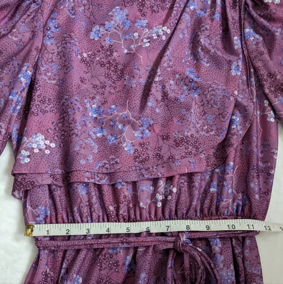 Vintage 70's Purple Flowy Floral Bib Cottage Core Midi Amy-Deb Dress Made in USA - Picture 11 of 16
